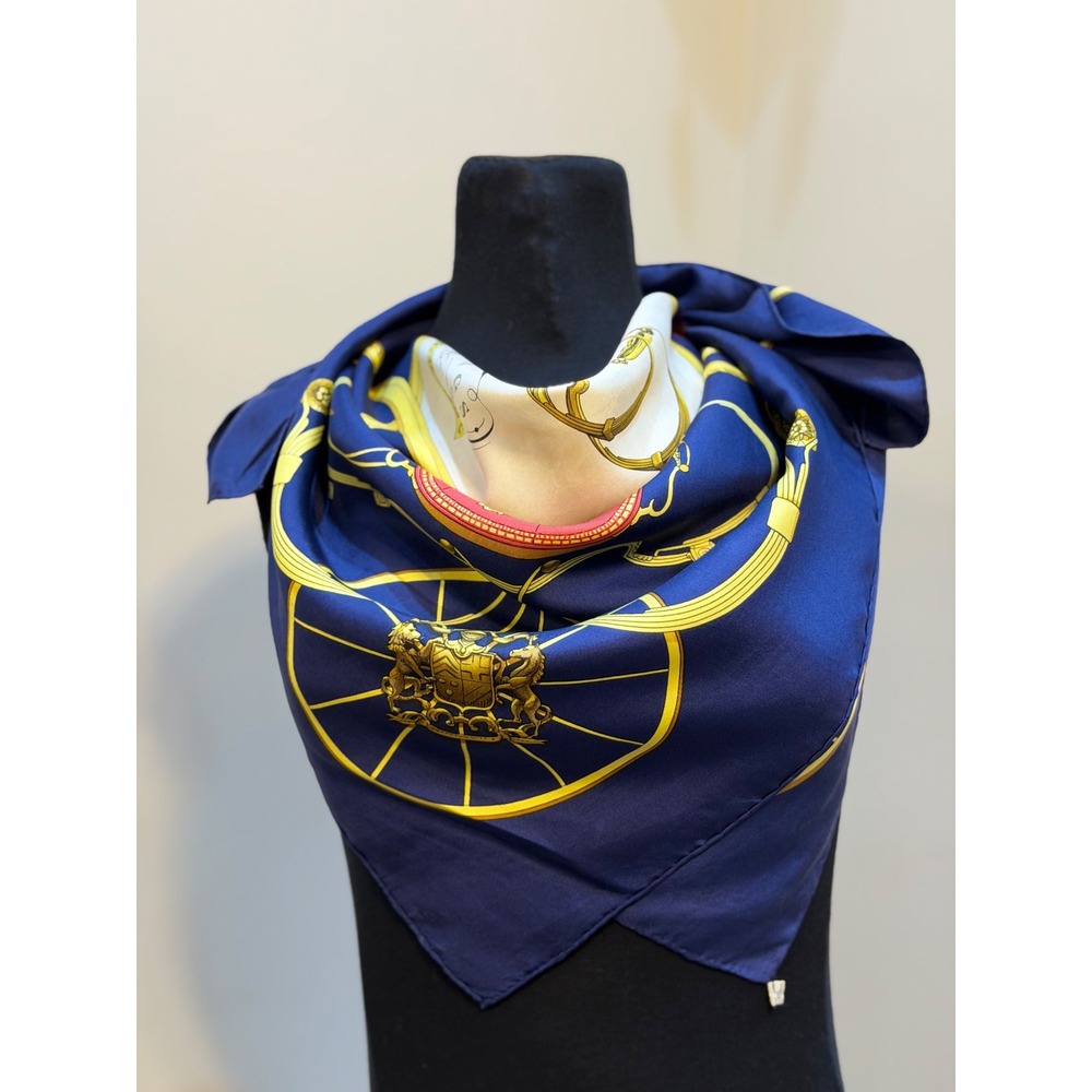 Hermes Springs Silk Scarf Philippe Ledoux Navy Blue Gold Equestrian Carriage
